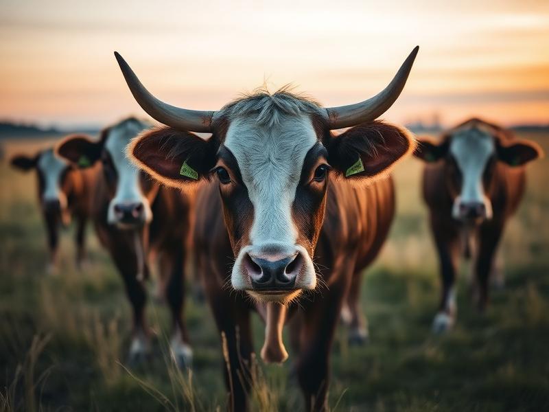 Grass-fed beef cattle grazing at dusk on open pasture