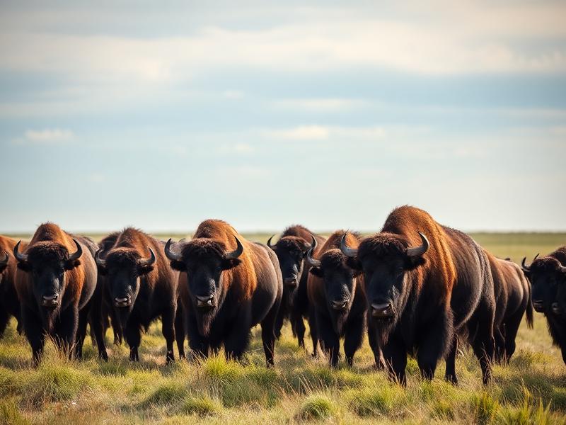 Herd of free-range bison on open prairie grassland under a wide sky