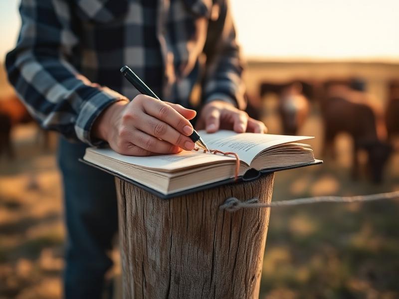 A rancher writing in a leather journal on a wooden fencepost with cattle behind at sunrise