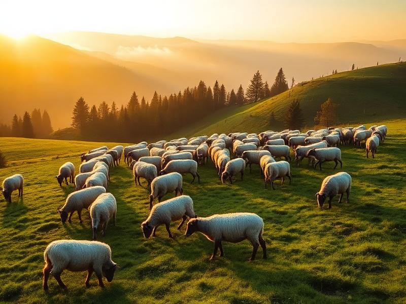 Flock of sheep grazing on a green hillside pasture at golden hour