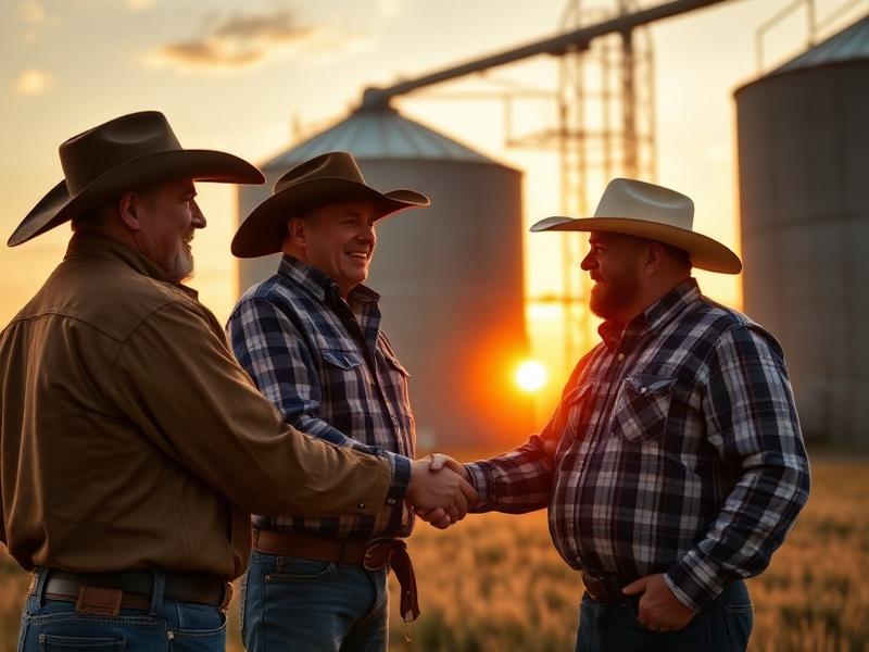 Two ranchers in cowboy hats shaking hands in front of a grain silo at sunset