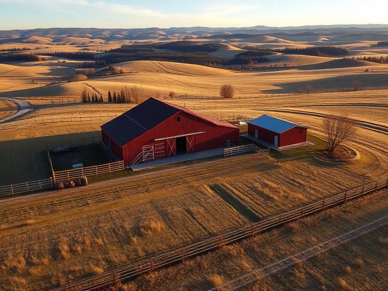 Aerial map-like view of ranch country farmland with a red barn and rolling agricultural fields, illustrating a realtor territory drawn around ranch country